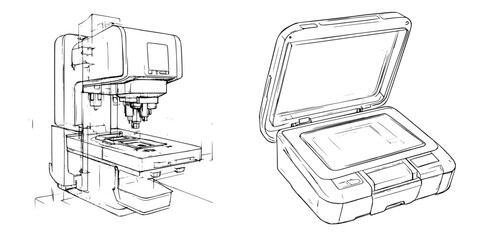 Detailed sketch of a laser engraving machine and a protective case for tools or equipment
