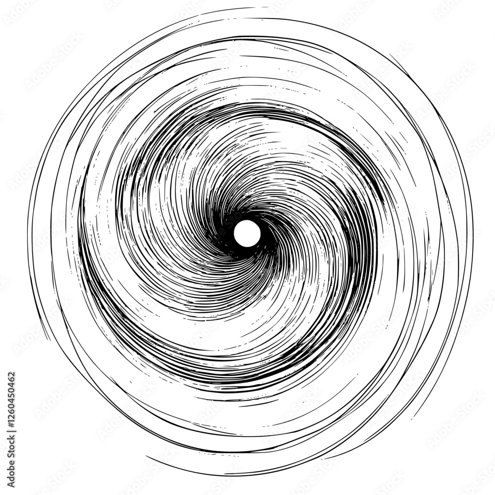 Poster intricate black and white spiral pattern resembling a cyclone forming in a minimalist design
