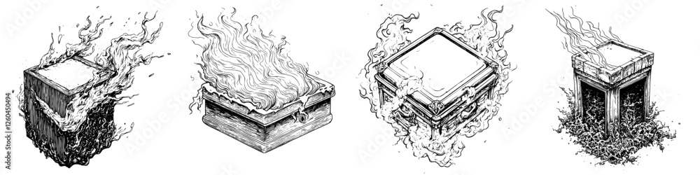 Poster artwork depicting four burning objects with intricate details and varied textures in an artistic sty