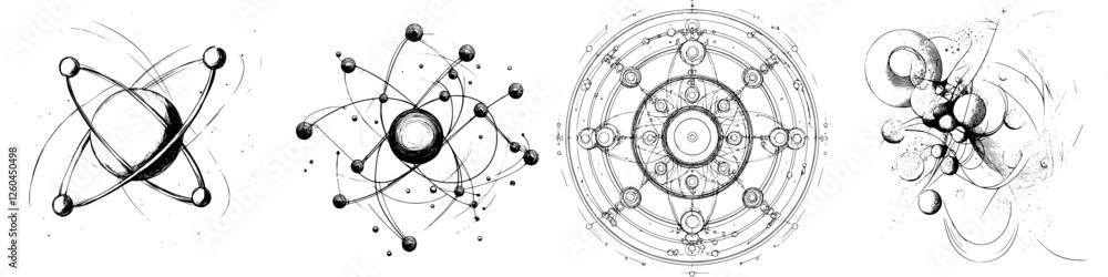 Poster hand-drawn vector illustration of atomic structures showcasing various particle arrangements and des