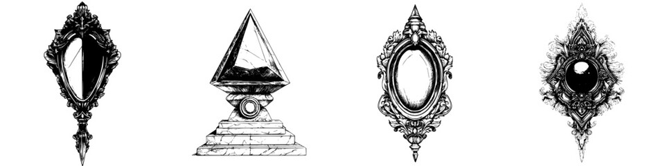 Decorative vintage mirrors and pyramid display pieces arranged in an artistic composition for elegant home decor