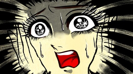 昭和レトロ風のホラー漫画に登場する絶叫する少女のドアップ顔 © NORIMA