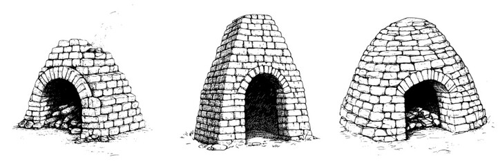 Traditional brick kilns used for firing ceramics in a rustic setting during the day