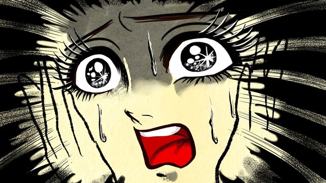 昭和レトロ風のホラー漫画に登場する絶叫する少女のドアップ顔