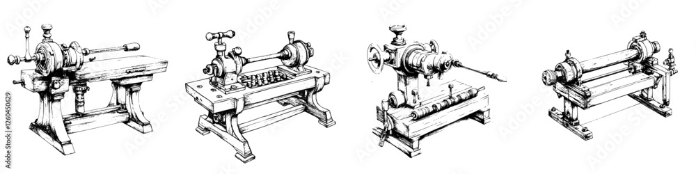 Poster vector hand-drawn illustration showcasing classic lathe machines in a workshop setting