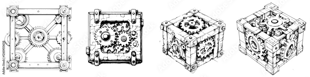 Poster intricate hand-drawn vector illustration of mechanical boxes with gears and cogs showcasing a steamp