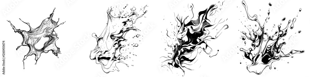 Poster fluid abstract designs showcasing dynamic shapes and movement created through monochrome ink splashe