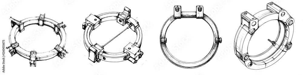 Poster hand-drawn vector illustration of mechanical clamps in various designs showing intricate details and