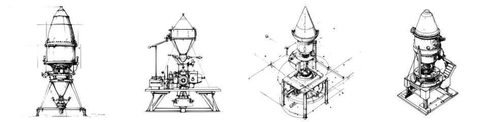 Hand-drawn vector illustration of industrial machinery designs showcasing various models and technical details