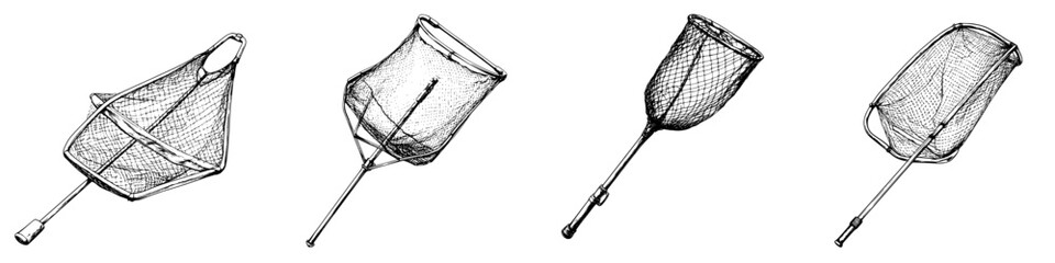 Hand-drawn vector illustration of fishing nets in various positions and angles showing versatility and design