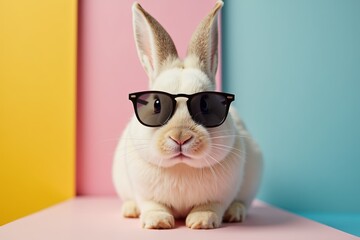 tylish Bunny With Sunglasses Enjoys a Vibrant Colorful Backdrop