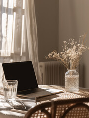 organized workspace, ideal for focusing on work or creative projects, with a laptop and a glass of water on a minimalist desk.