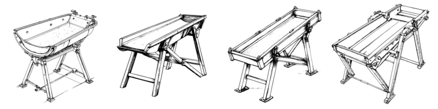 Detailed hand-drawn vector illustration of mining equipment and tools arranged in a workshop setting
