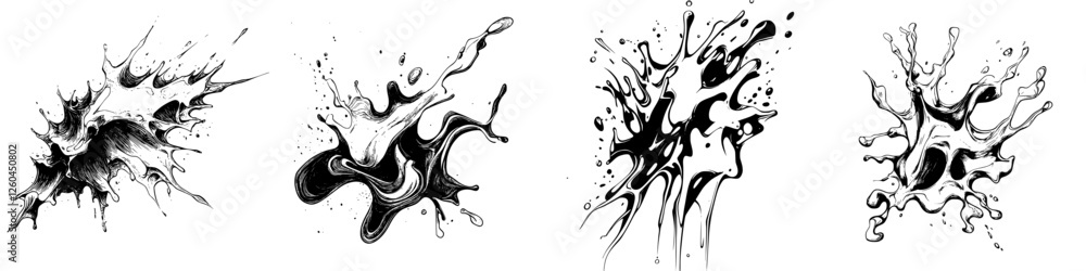 Poster black ink splashes create dynamic shapes and patterns, showcasing fluid movement and artistic expres