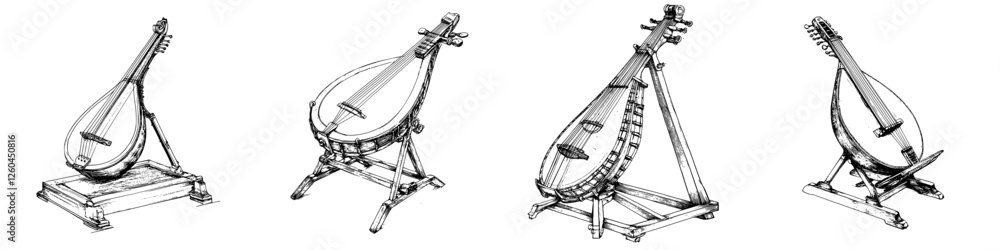 Poster hand-drawn vector illustration of various string instruments on display in a creative studio setting