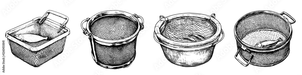 Poster hand-drawn vector illustration of various types of baskets in different styles and designs for artis