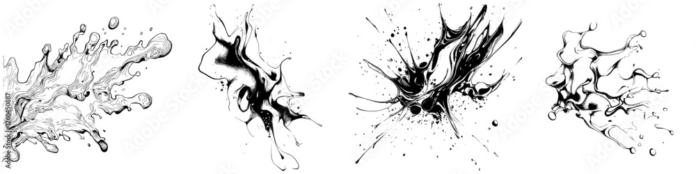 Poster fluid shapes and dynamic splashes created with black ink on a white background demonstrate artistic 