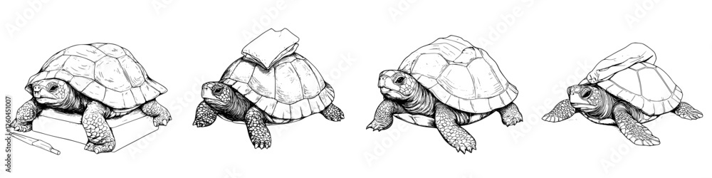 Poster turtles balancing various objects on their shells in a hand-drawn vector illustration demonstrating 
