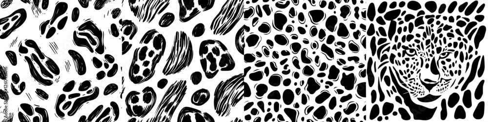 Poster intricate patterns of leopard spots showcasing unique textures and colors in a bold, abstract compos