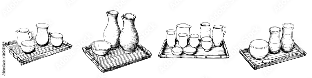 Poster hand-drawn vector illustration of assorted pottery on trays in a rustic setting highlighting craftsm