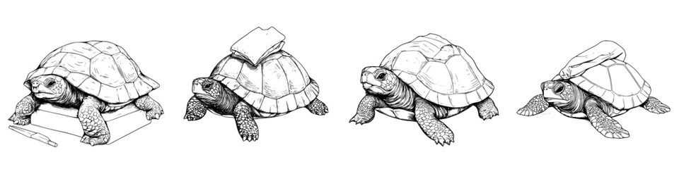 Fototapeta premium Turtles balancing various objects on their shells in a hand-drawn vector illustration demonstrating playful perseverance