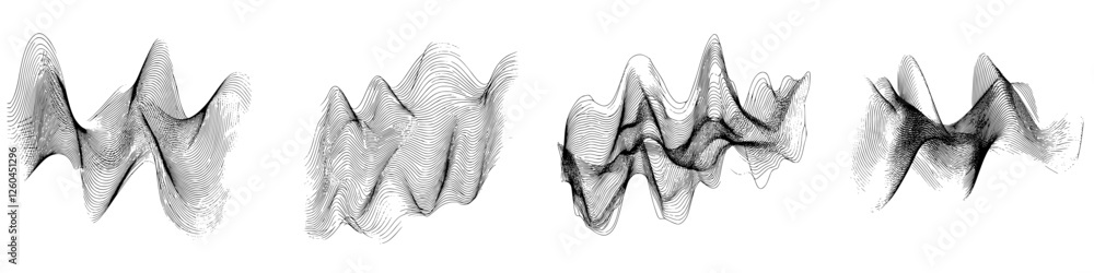 Poster abstract patterns of sound waves displayed in a striking black and white design over multiple sectio