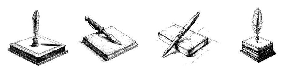 Hand-drawn vector illustrations showcasing traditional writing tools and accessories on a surface