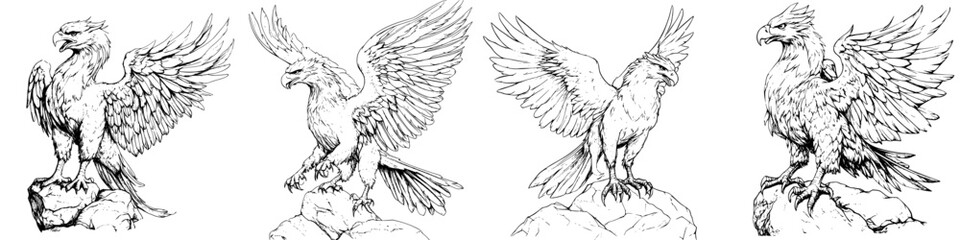 Hand-drawn vector illustration of fantastical griffin creatures in dynamic poses on rocky outcrops