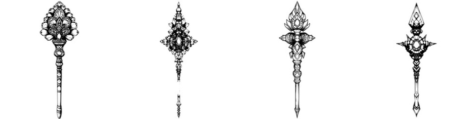 Obraz premium Vector illustration of ornate hand-drawn decorative scepters showcasing intricate designs and elegant details