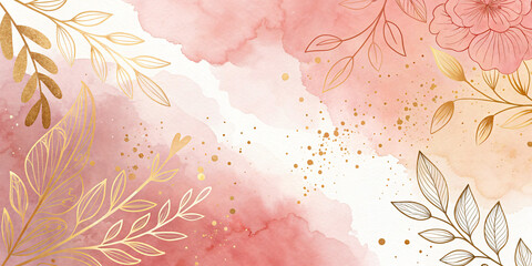 Elegant watercolor splash background with soft pink and peach tones, accented by delicate gold foil leaves or flowers
