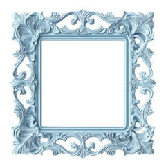 Elegant Light Blue Ornate Baroque Picture Frame with Intricate Scrollwork and Floral Details, vintage style, transparent background