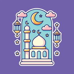 Decorative Ramadan Mosque with Hanging Lanterns and Crescent Moon