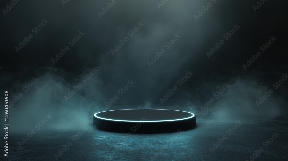 Aufkleber dark and foggy scene with a circular platform in the center. the platform is lit up with a bright bl