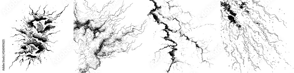 Poster intricate patterns of black ink resembling lightning strikes on a white background showcasing dynami