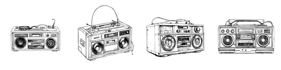 Retro hand-drawn vector illustrations of classic boomboxes from different eras showcasing diverse designs and features