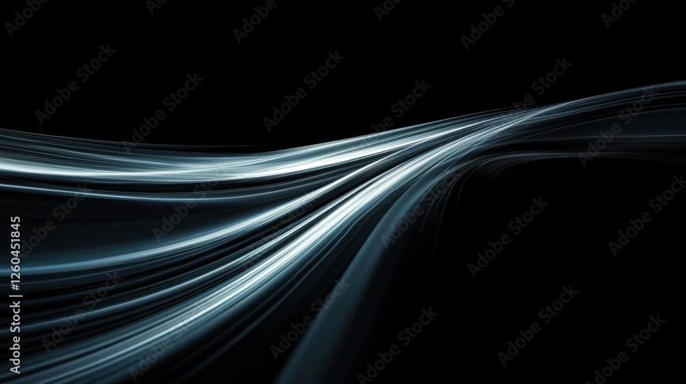 Poster abstract digital art piece with a black background. it features a long, wavy line of light blue line