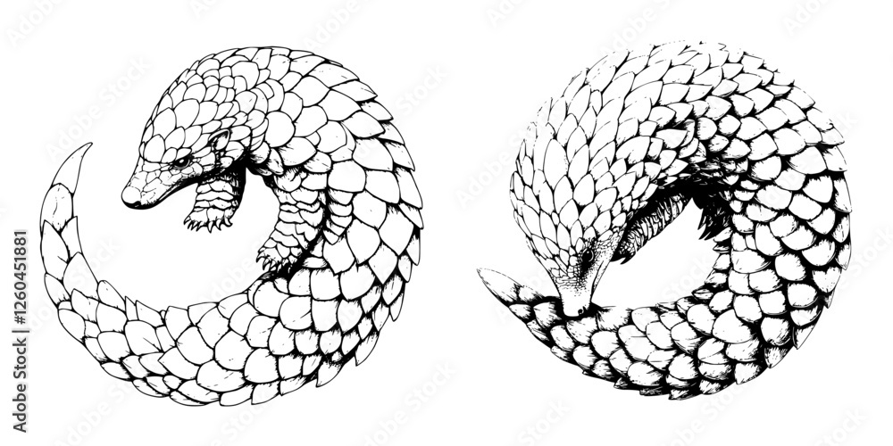 Poster pangolin curled into a circular shape illustrated in hand-drawn vector style with intricate scale de