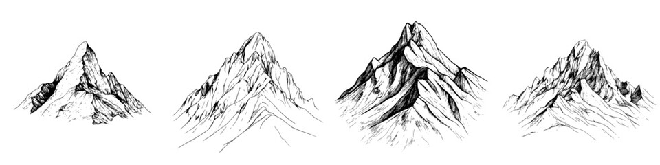 Hand-drawn vector illustration of majestic mountain peaks in various shapes and elevations highlighting natural beauty and wilderness