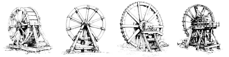 Hand-drawn vector illustration showcasing various traditional waterwheels in different designs and sizes in rustic settings