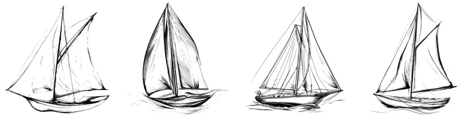 Vector illustration of four hand-drawn sailboats on a calm sea, capturing the beauty of sailing and maritime activities