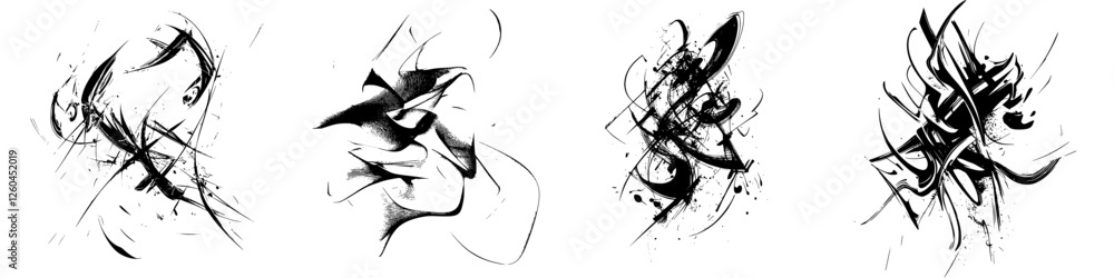 Poster abstract black and white artwork showcasing dynamic shapes and expressive lines created in a studio 