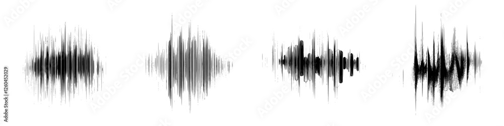 Poster vector illustration of hand-drawn sound wave patterns in black and white showcasing different audio 