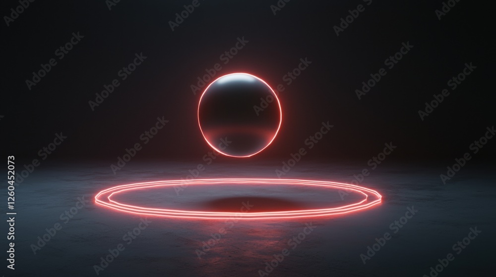 Poster 3d rendering of a red neon ring in the middle of a dark room. the ring is circular in shape and appe
