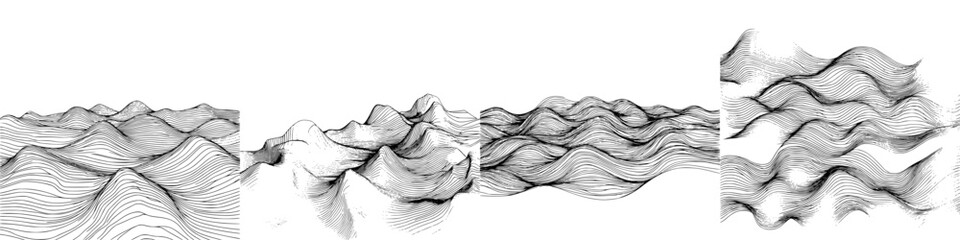 Vector illustration of hand-drawn abstract mountain landscapes showcasing layered peaks and valleys in a minimalist style