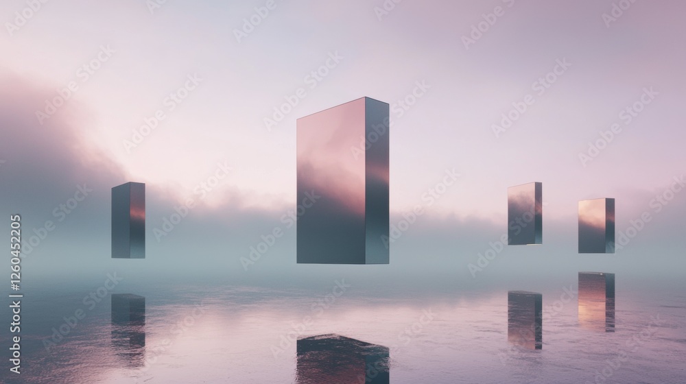 Poster group of six tall, rectangular structures floating on top of a body of water.