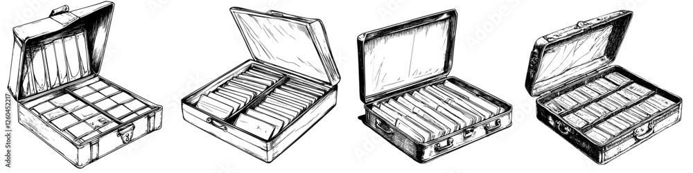 Poster hand-drawn vector illustration of open suitcases with assorted items on display in a minimalistic st
