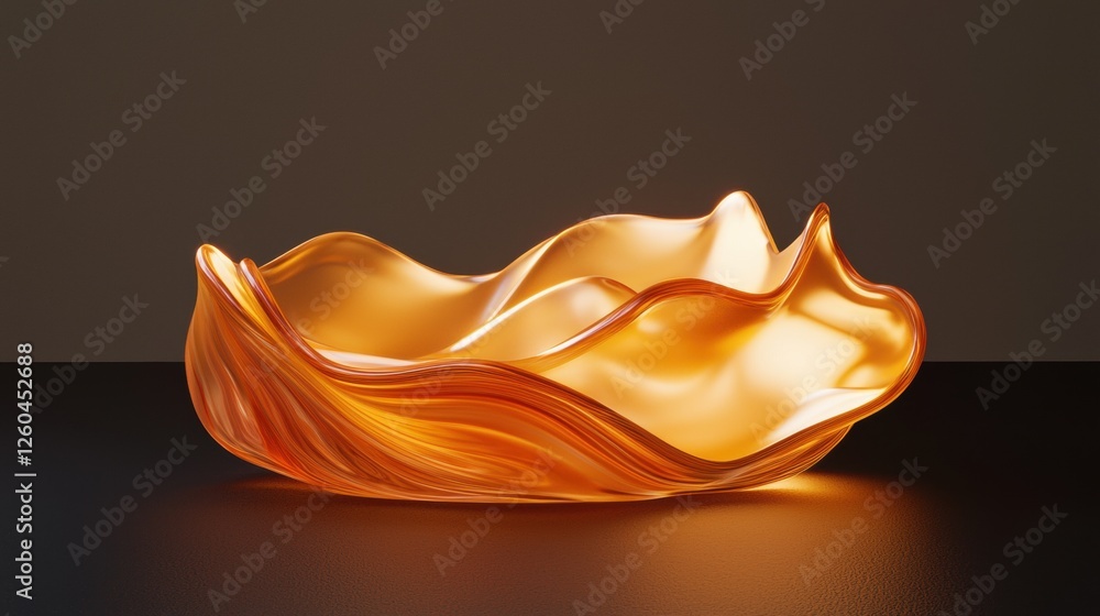 Poster 3d rendering of an abstract sculpture in the shape of a wave. the sculpture is made of a shiny, oran