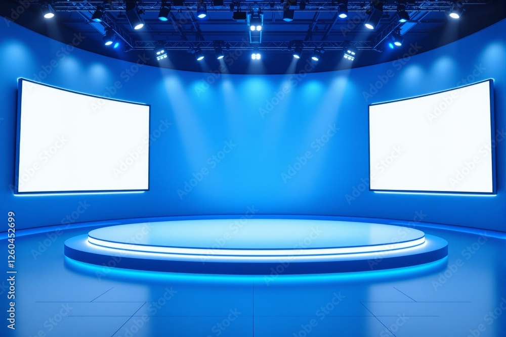 Poster modern futuristic stage with a glowing round platform and two blank screens on a blue-lit background