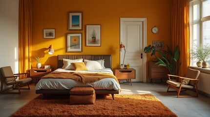 A bedroom with 70s-inspired furniture: a low bed, mustard and brown tones, vintage lamps, and a shaggy rug.