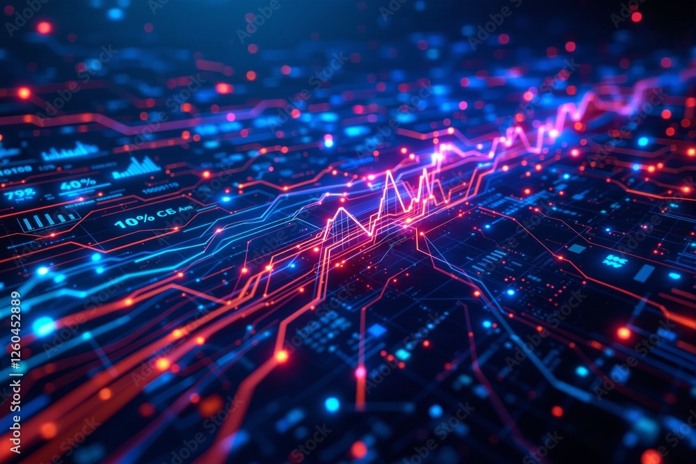 Poster abstract financial data chart with glowing red and blue lines, futuristic design on a digital backgr